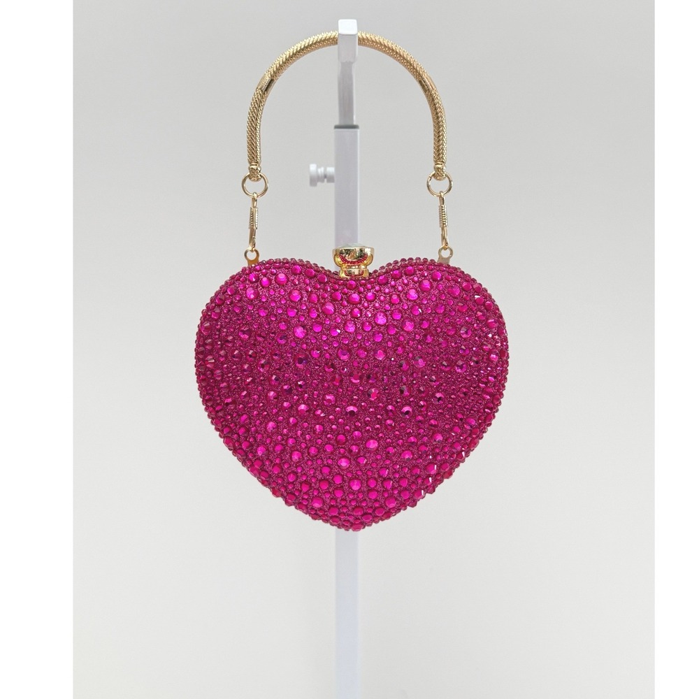 Ramla Fushia Heart Shaped Sparkling Crystal Clutch or Crossbody Wedding Cocktail